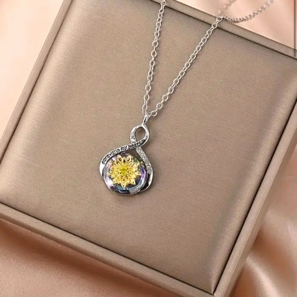 Silver & Yellow Heart-Shaped Floral Pendant Necklace w Inscription